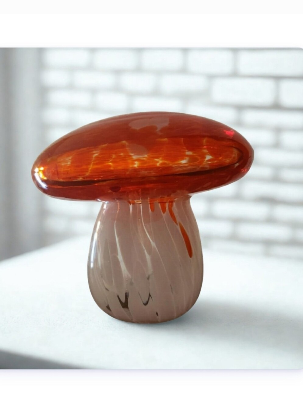 Handblown Glass Mushroom- Amber Brown & White
